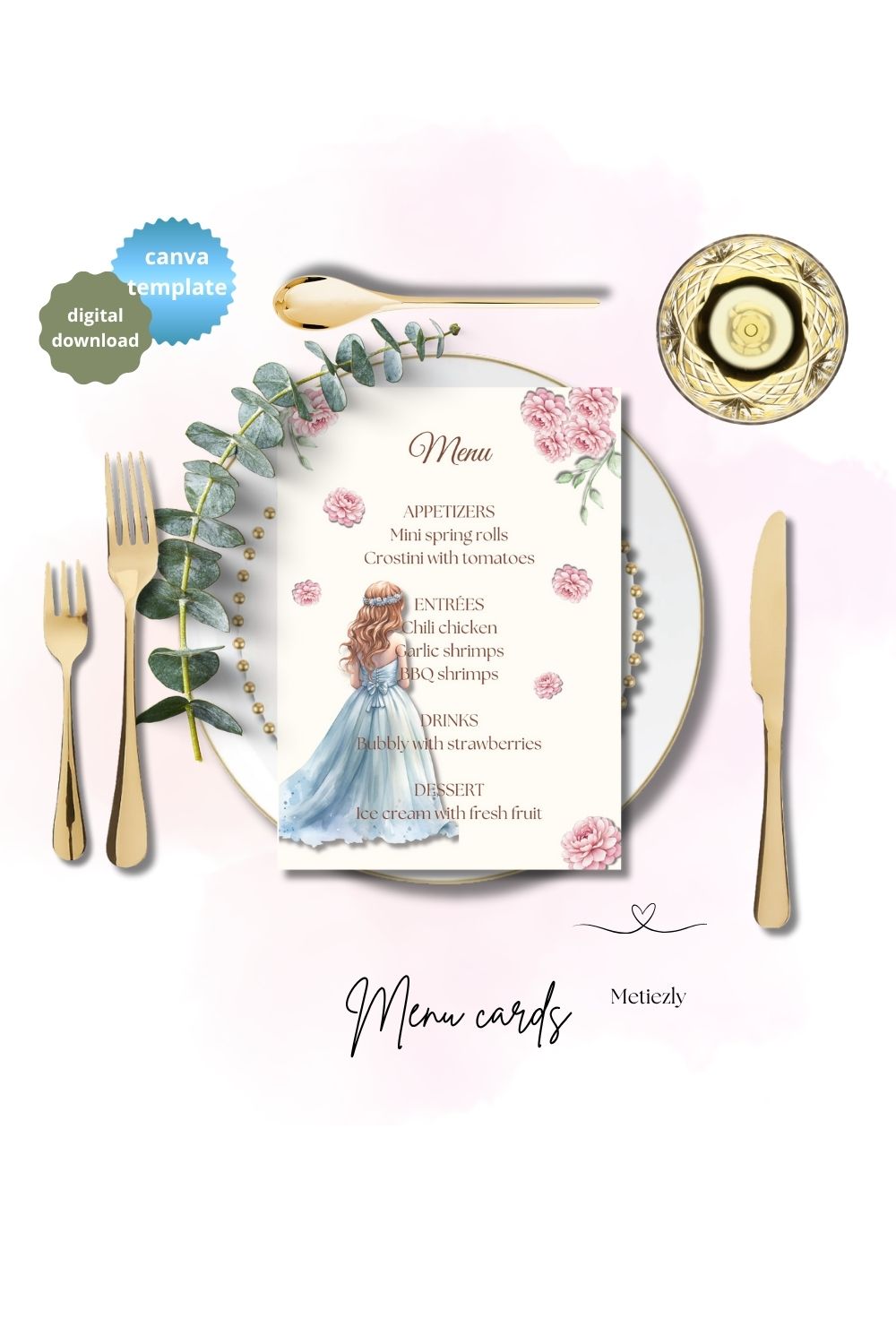  Editable Princess Birthday Menu Templates | Fairytale Theme | Light Blue Pastel Dresses | Set of 5 
