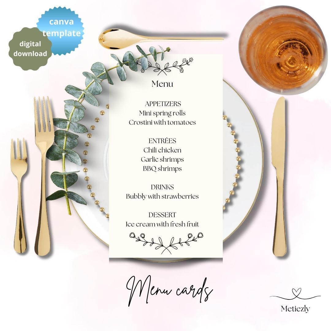 Minimalistische editable menucards make your table decoration more beautiful | soft pink | bow| dots| doodle| set of 5 of 2 sizes 