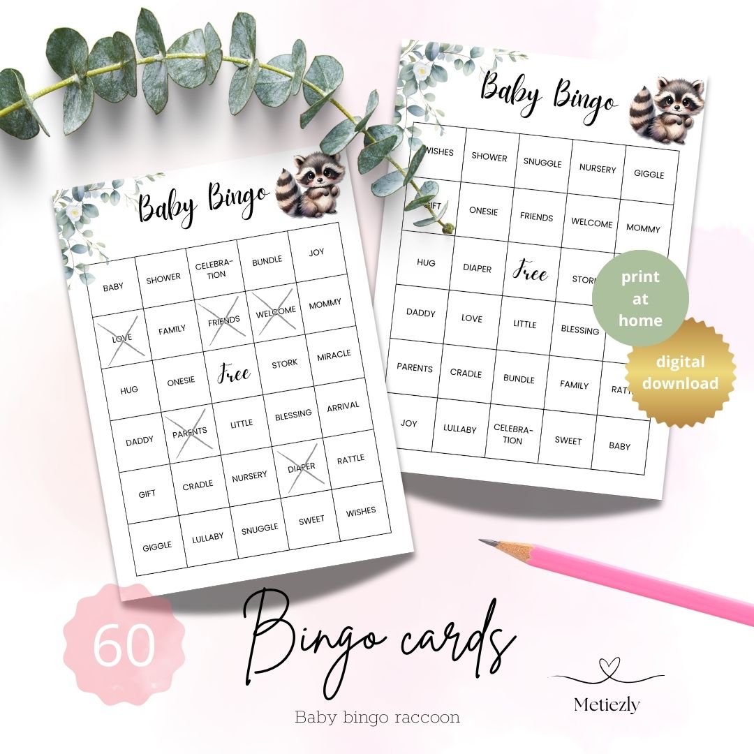 Printable Baby bingo for baby shower, raccoon, 60 prefilled bingo cards