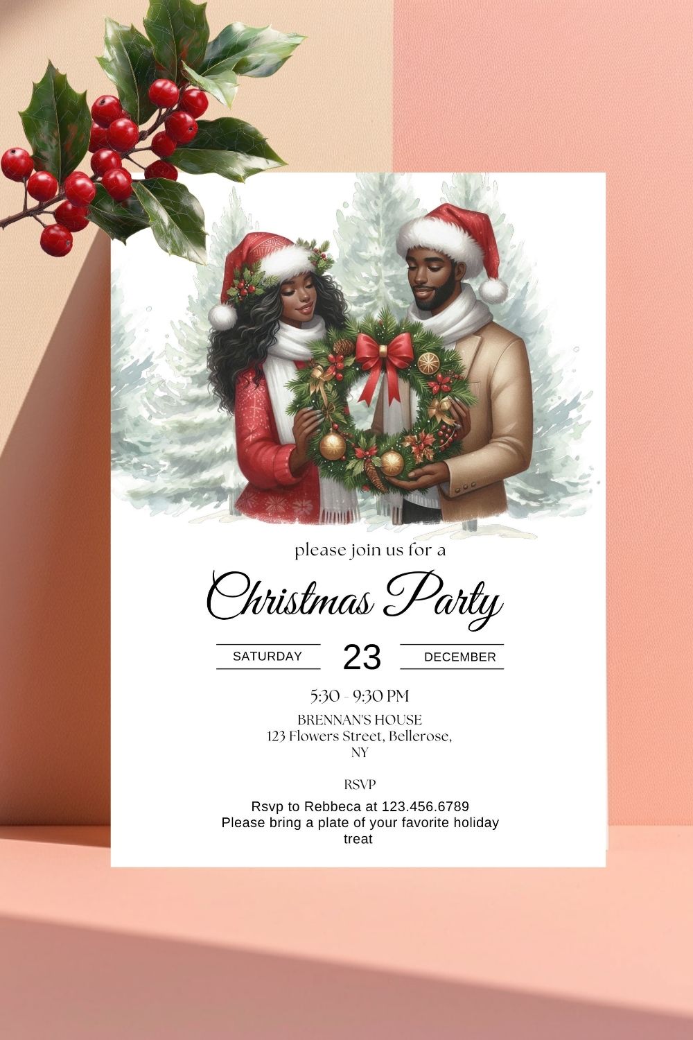 Elegant black African couple Christmas party invitations 