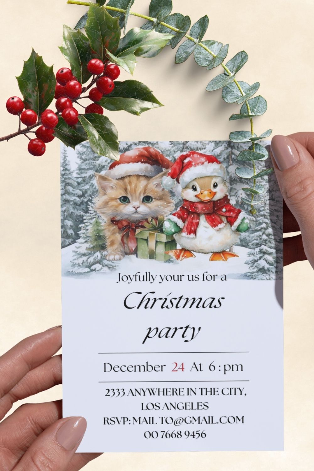 Cute duckling & kitten in the snow | editable Christmas invitation card | $3.36