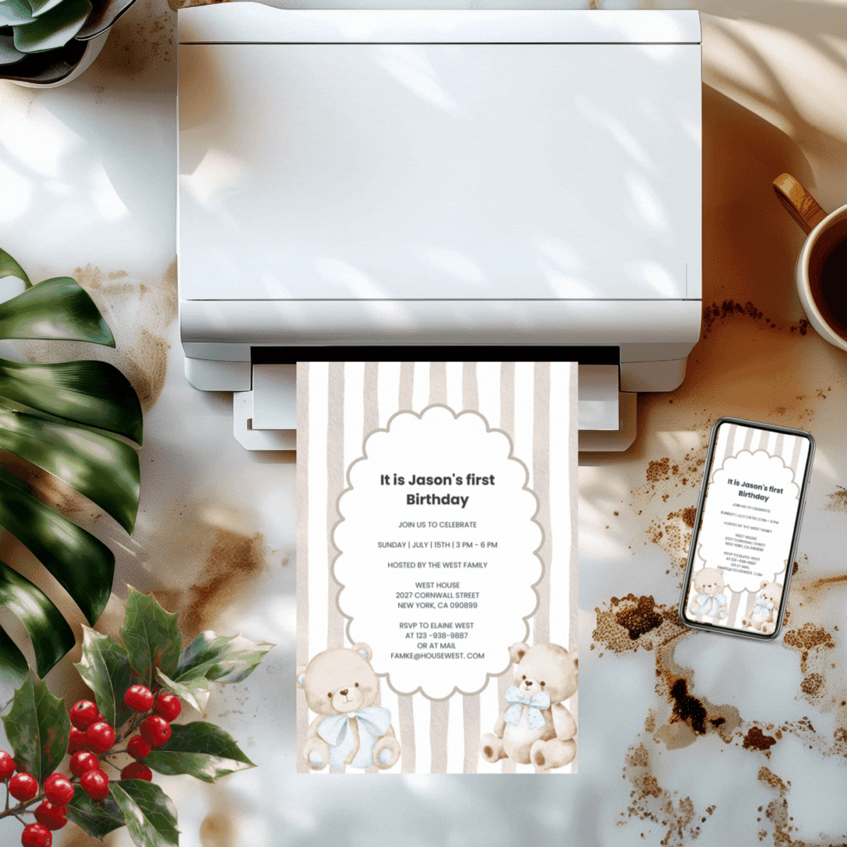 One Classic baby boy invitations teddy bear with blue bow | 