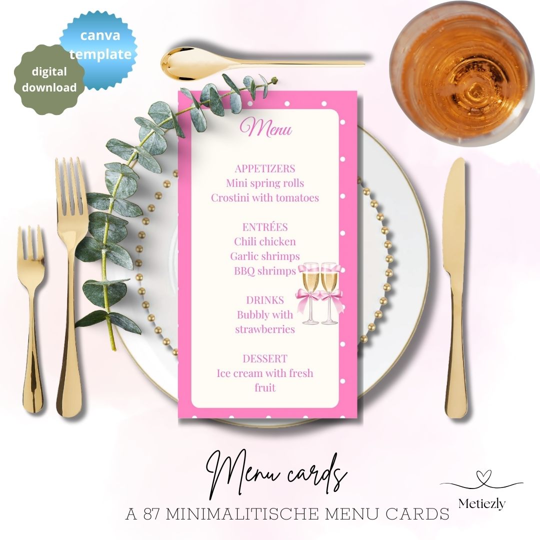 Minimalistische editable menucards make your table decoration more beautiful | soft pink | bow| dots| doodle| set of 5 of 2 sizes 