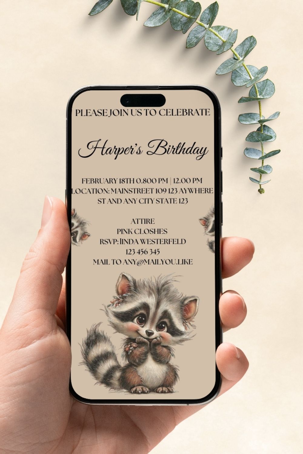 Classic Birthday Invitation – Baby Raccoon on Beige Background