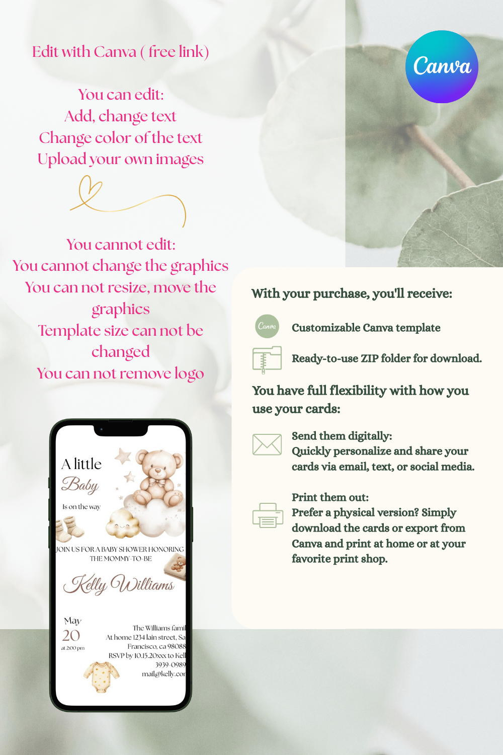 Beige Teddy Bear Baby Shower Invitation Template, Gender Neutral