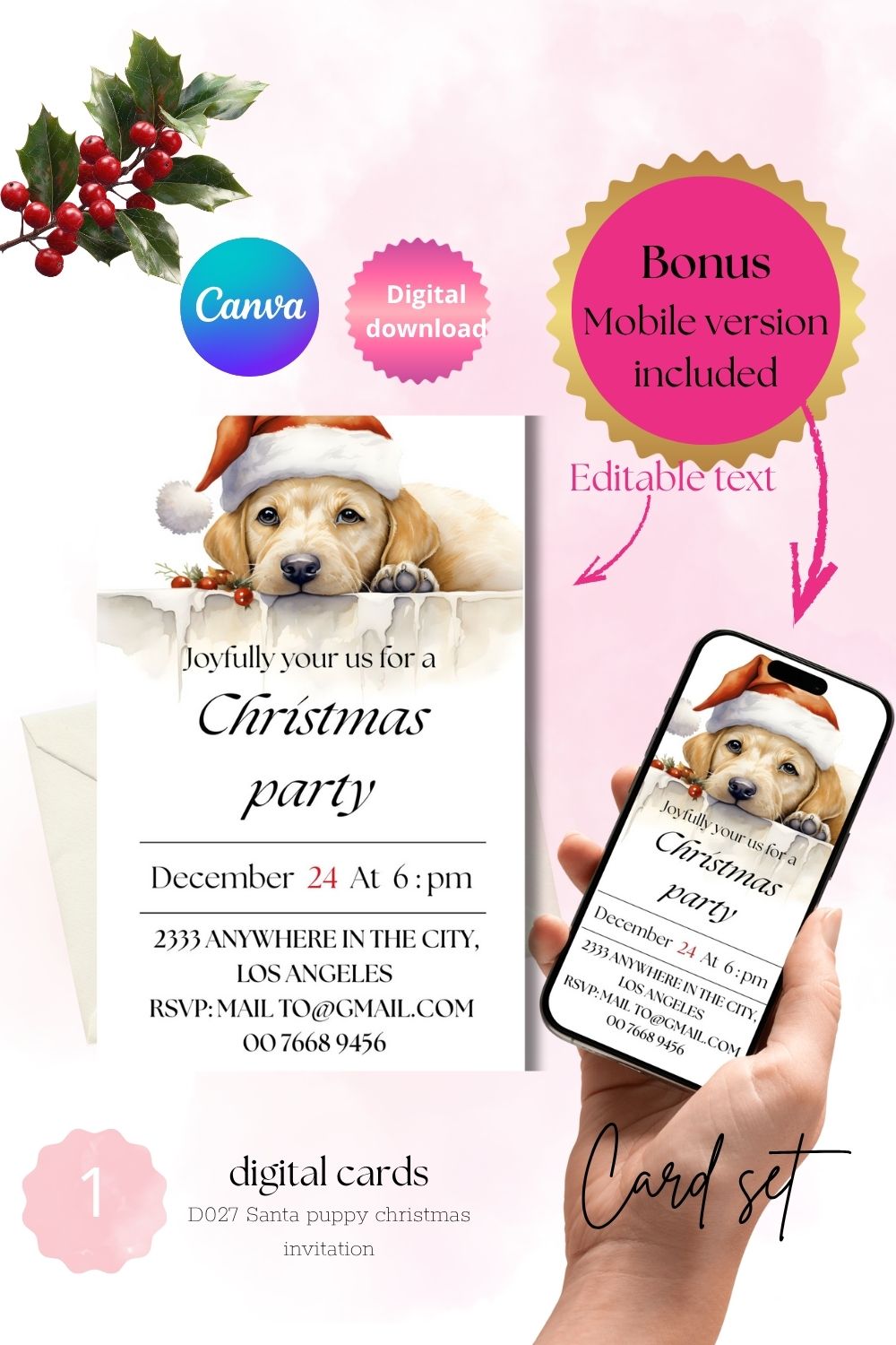 Cute santa Puppy christmas party invitation editable in every language