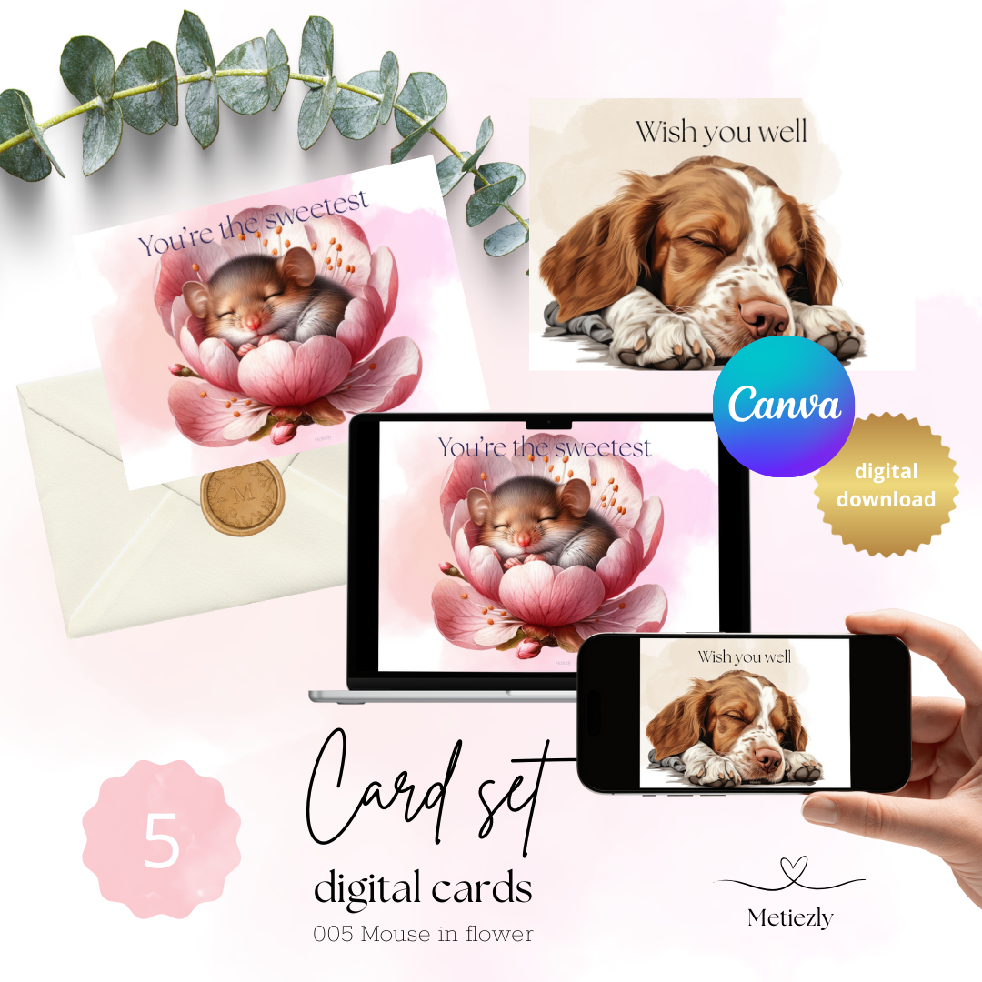 Mouse in flower, set of 5 cards | $2.23