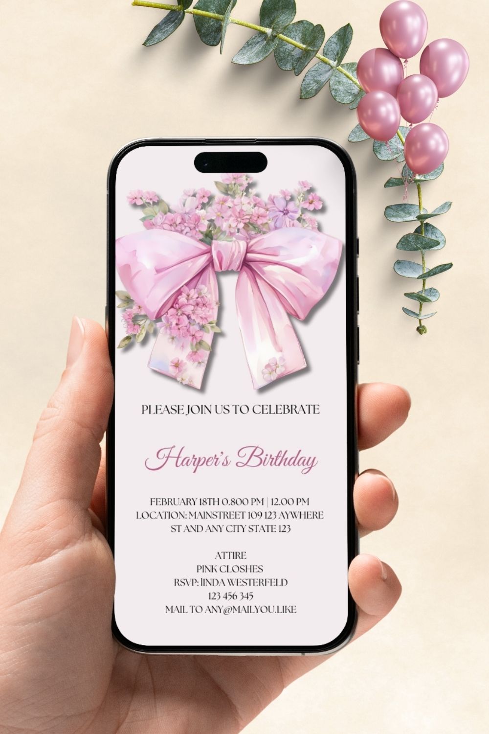 One pink bow, floral birthday invitation | editable in every languages