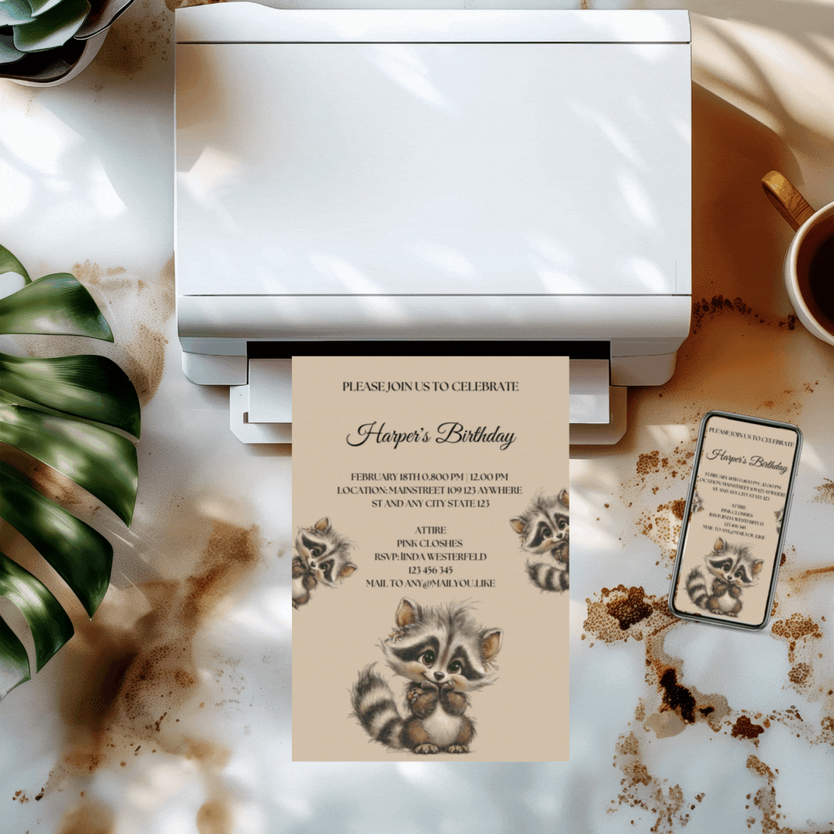 Classic Birthday Invitation – Baby Raccoon on Beige Background