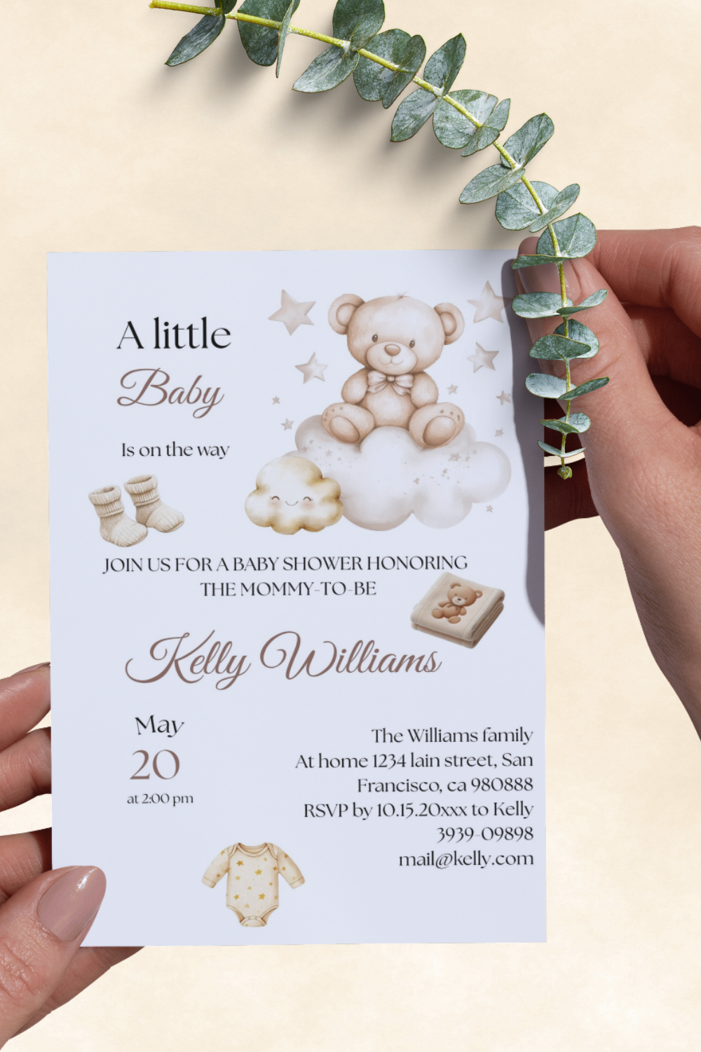 Beige Teddy Bear Baby Shower Invitation Template, Gender Neutral