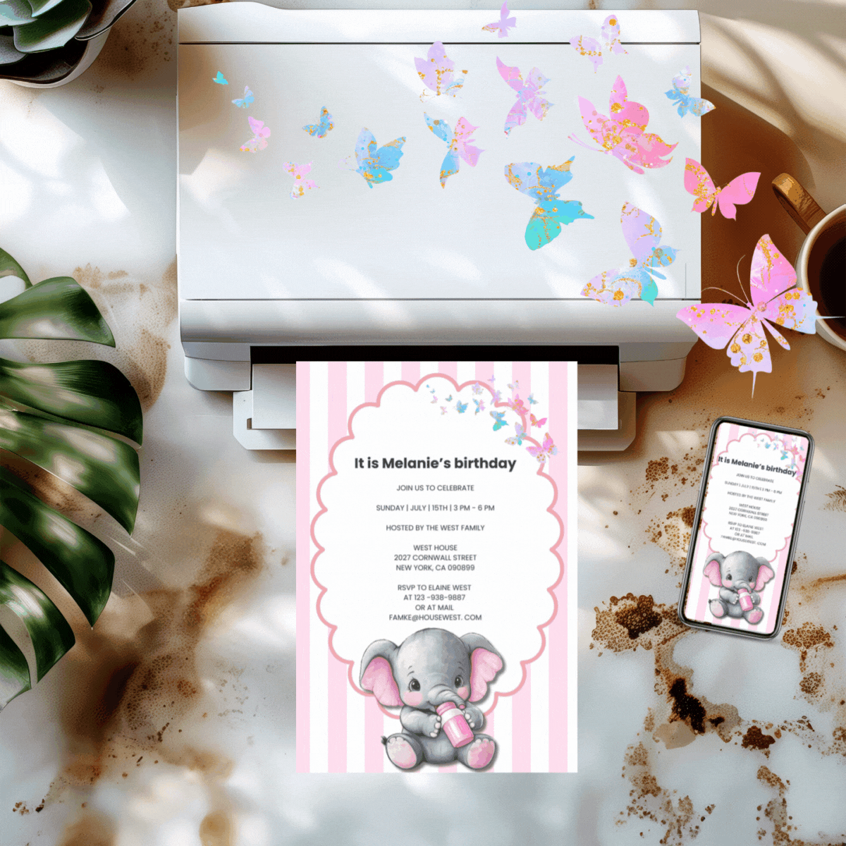 D040 Super cute pink elephant editable invitation 