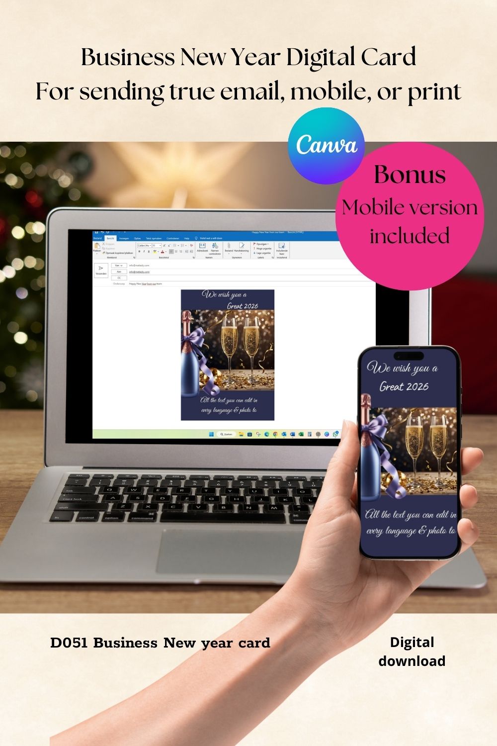 Business New Year Digital Card – Champagne Bottle and Glasses