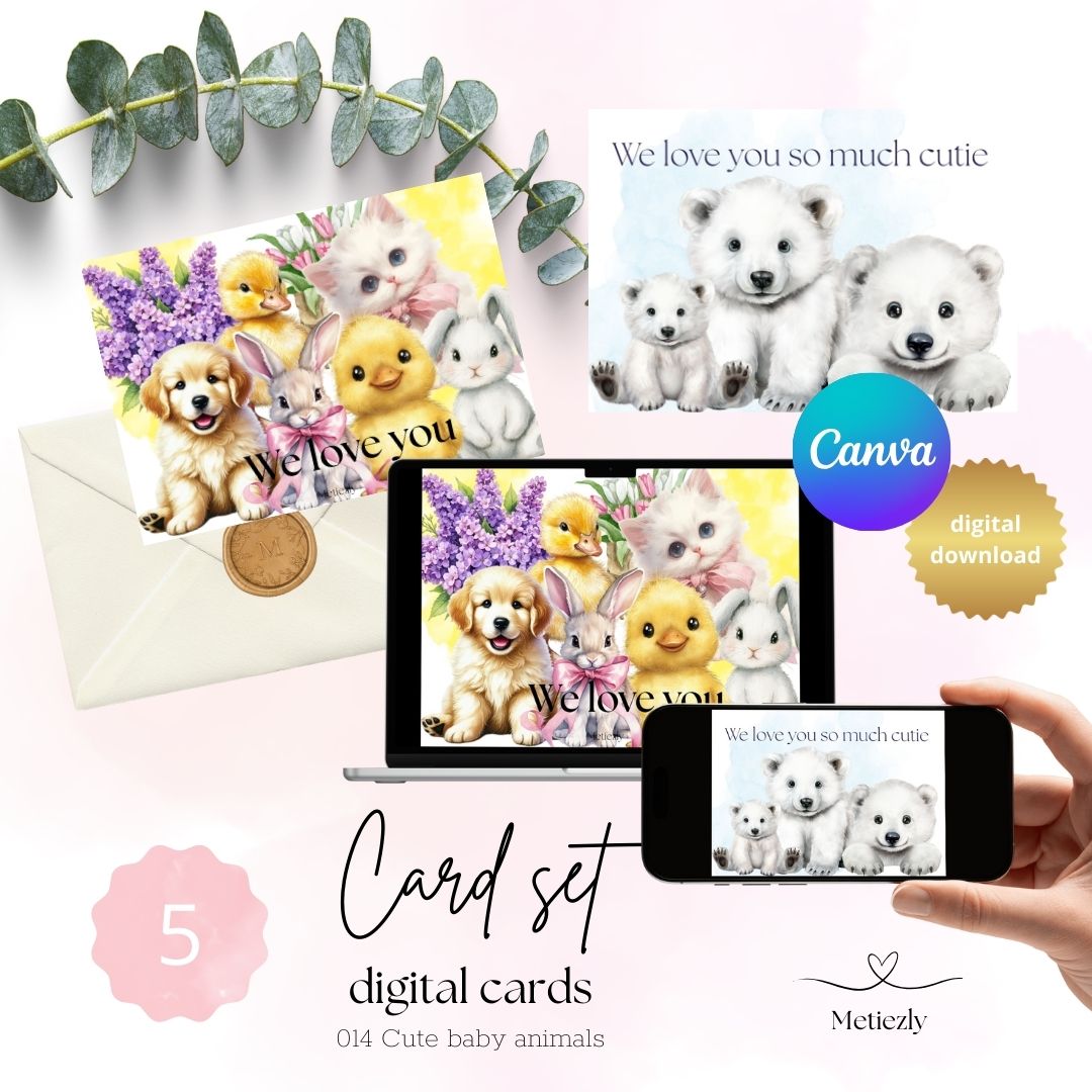 Cute baby animals, set of 5 cards | $2,23