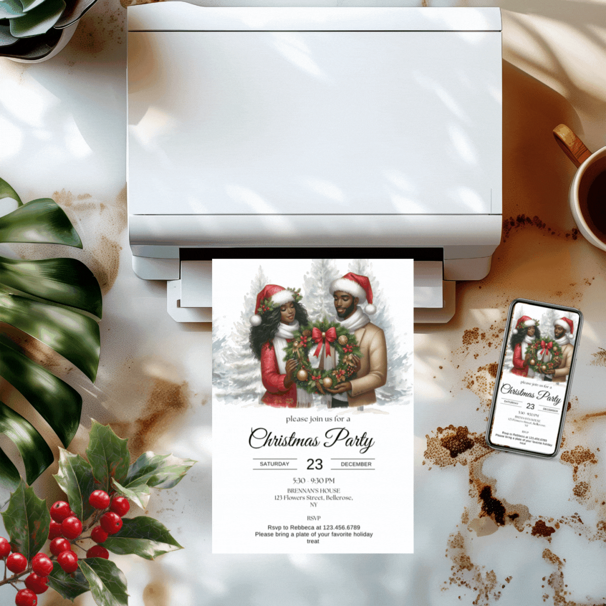 Elegant black African couple Christmas party invitations 