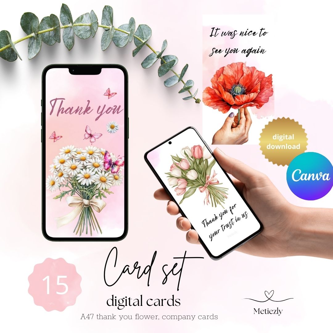 Thank you flower, company cards, mobile cards, set of 15