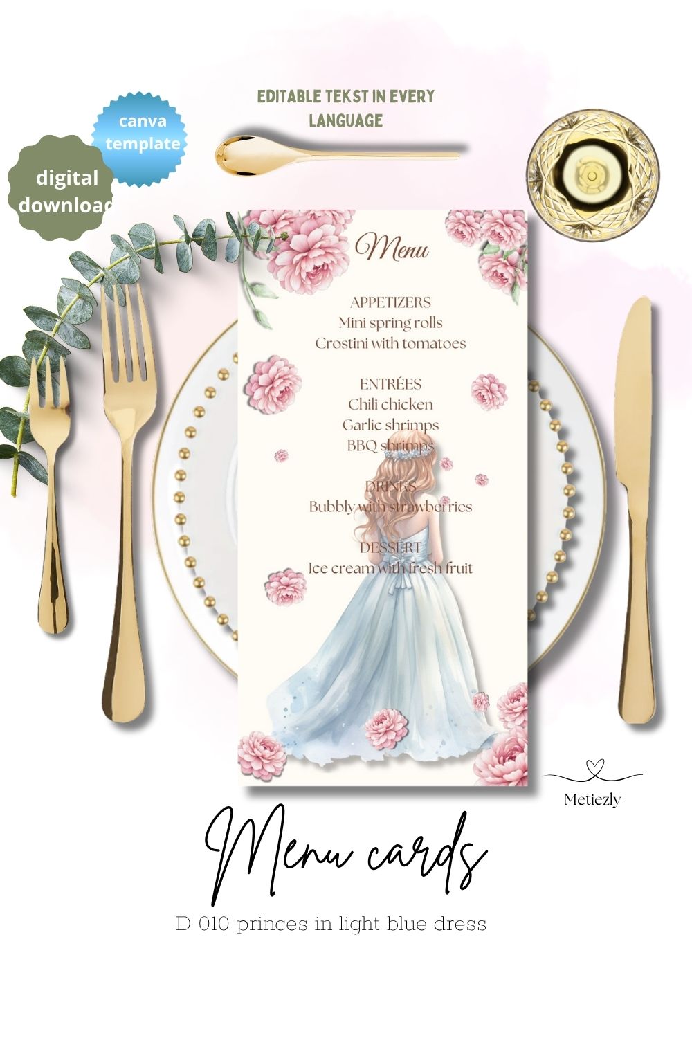  Editable Princess Birthday Menu Templates | Fairytale Theme | Light Blue Pastel Dresses | Set of 5 
