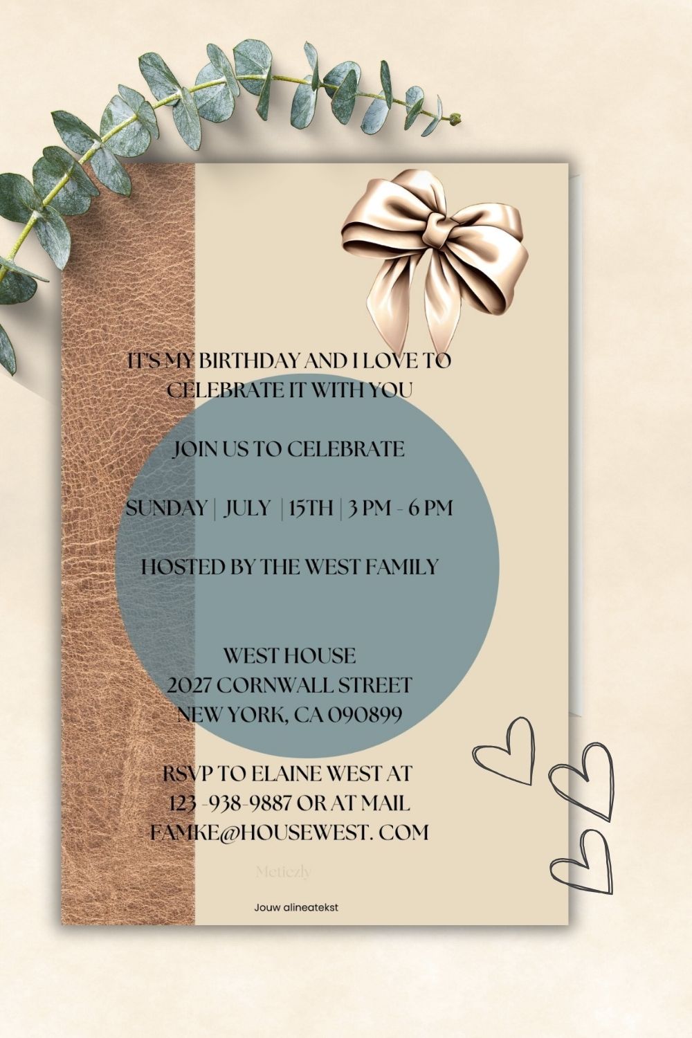 Elegant | chic soft green and beige editable invitions for birthdays | eucalyptus | leather | cute peeping puppies 