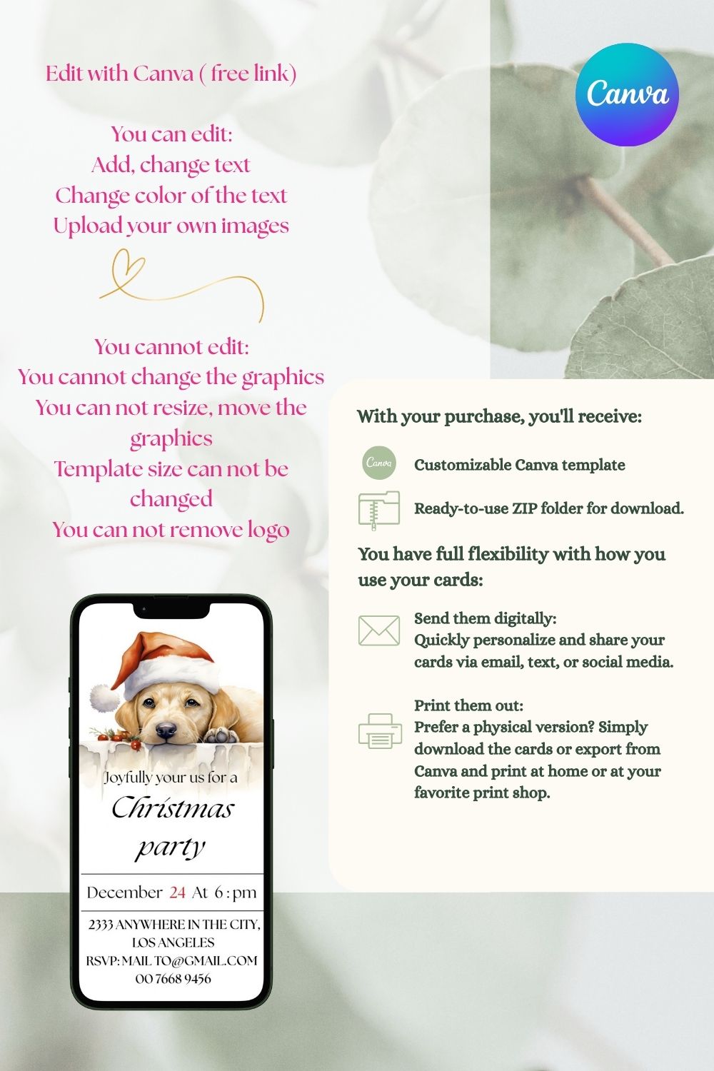 Cute santa Puppy christmas party invitation editable in every language