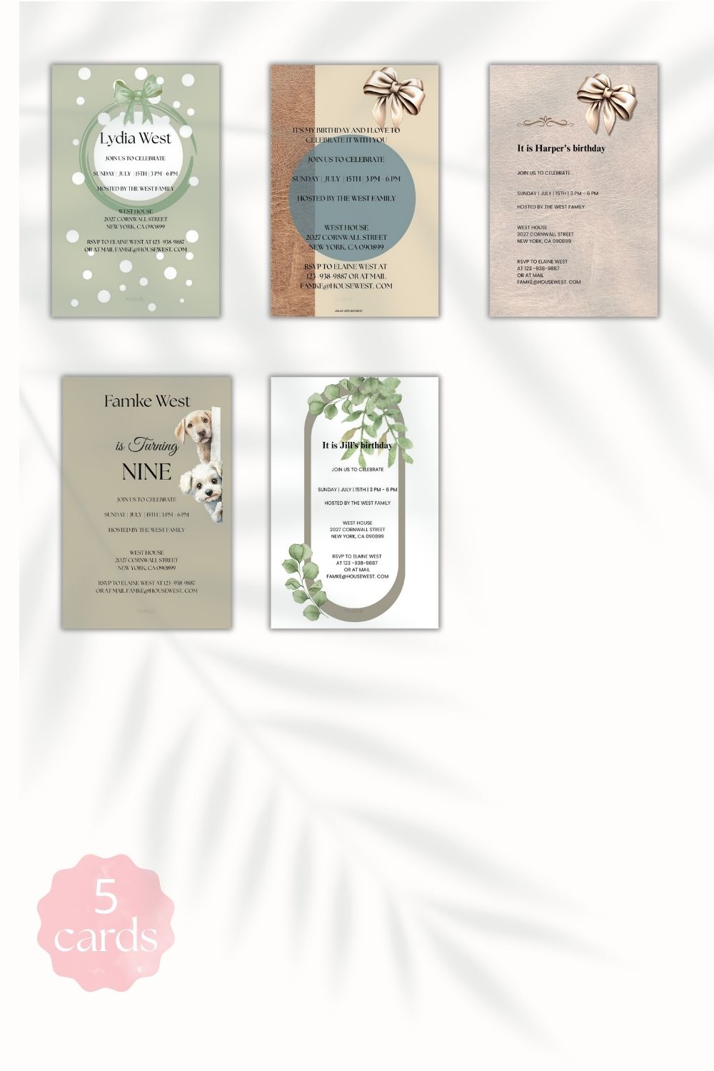 Elegant | chic soft green and beige editable invitions for birthdays | eucalyptus | leather | cute peeping puppies 