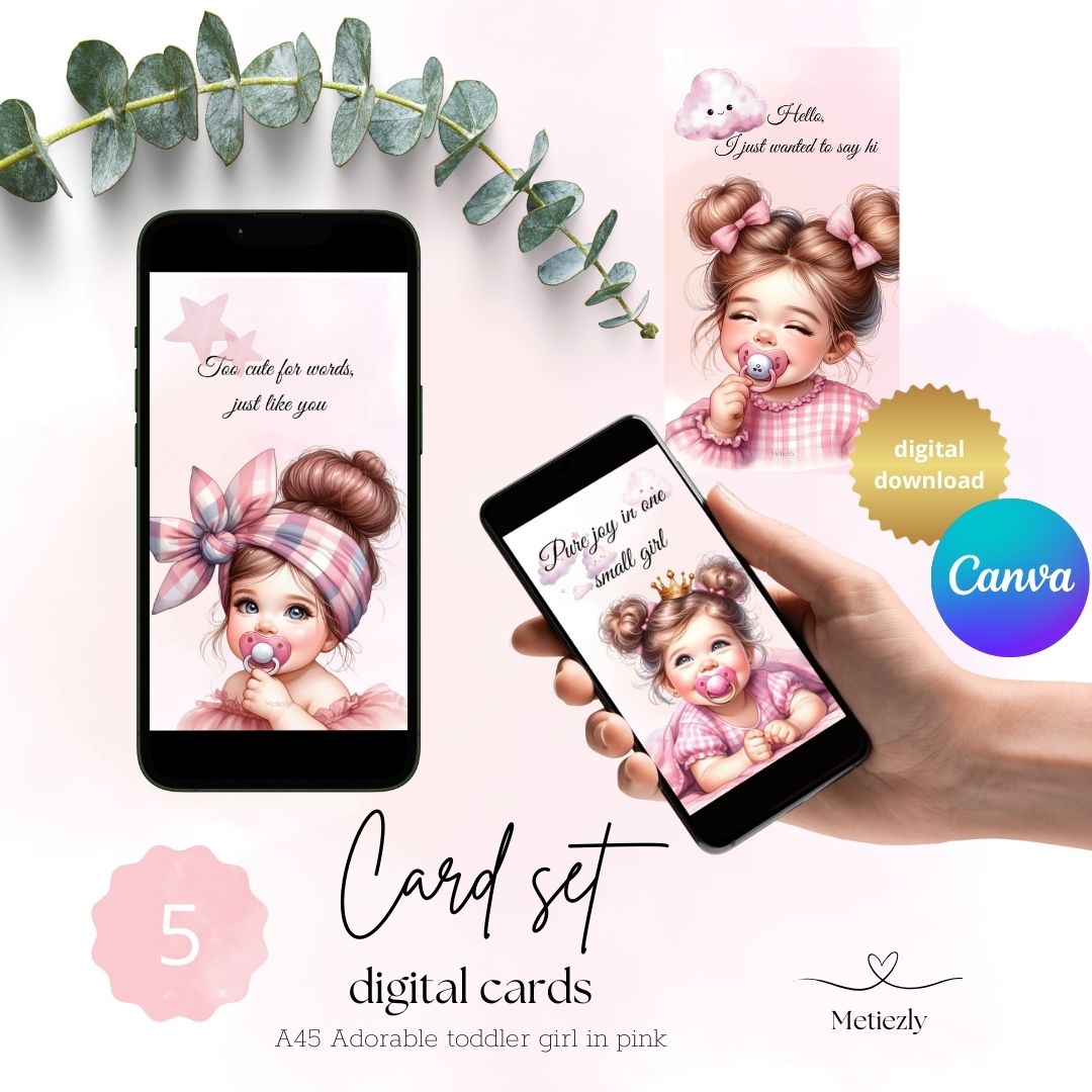 Adorable toddler girl in pink | set of 5 mobile card $2.23