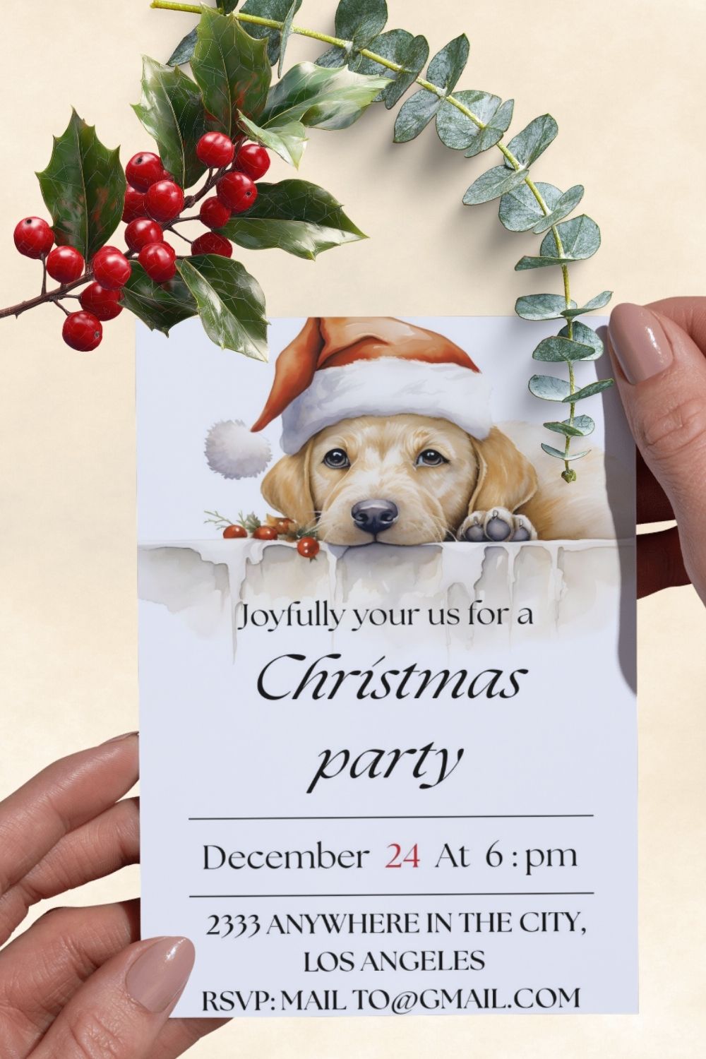 Cute santa Puppy christmas party invitation editable in every language