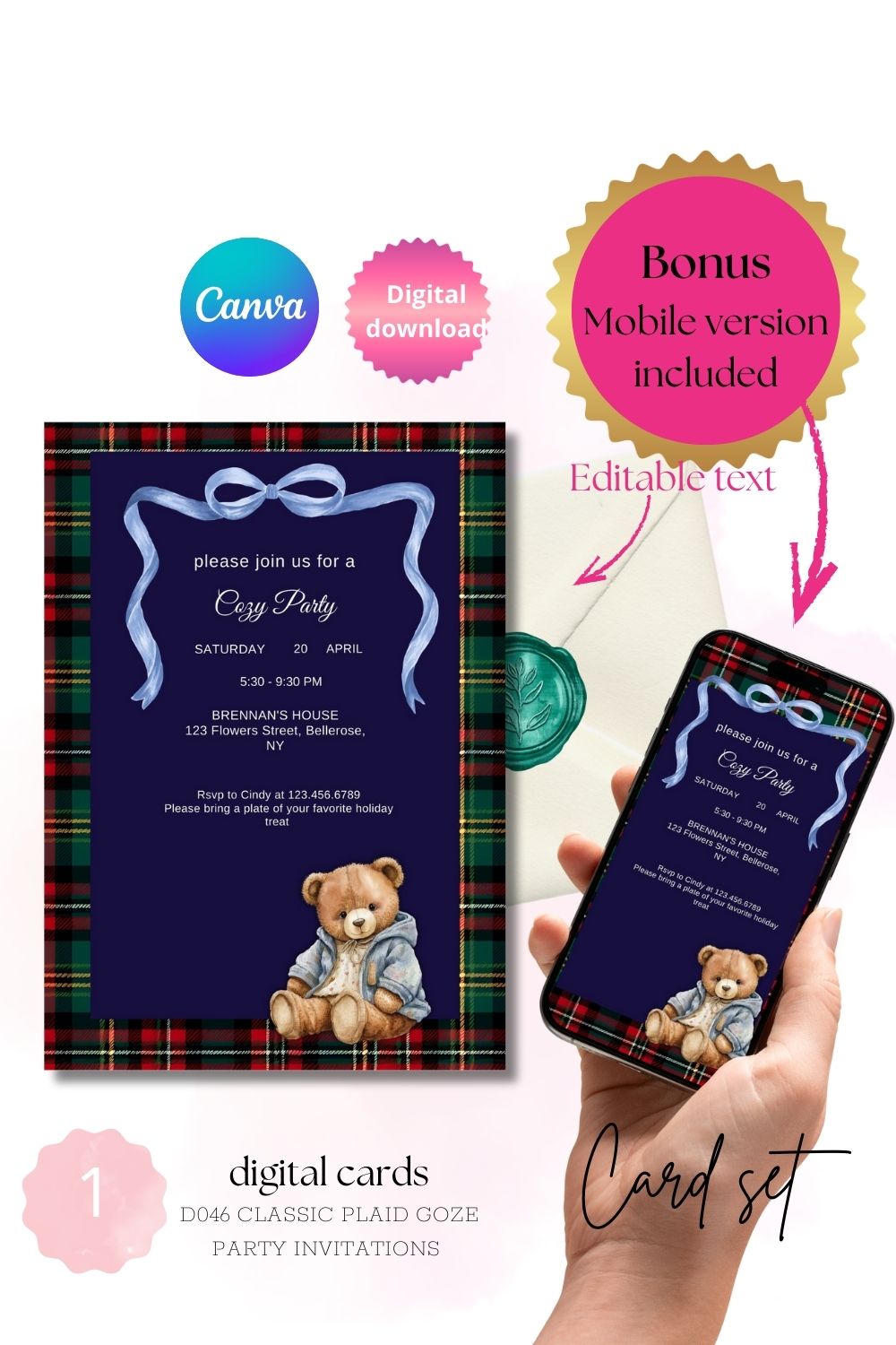 Classic plaid cozy party invitations editable in every languages