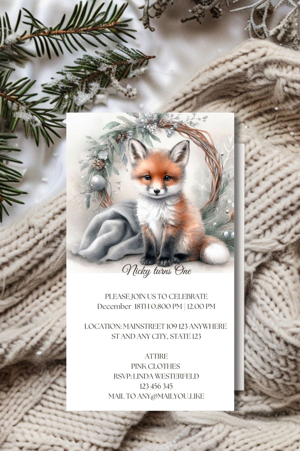 Winter fox first birthday invitation | December invitation | fox in snow