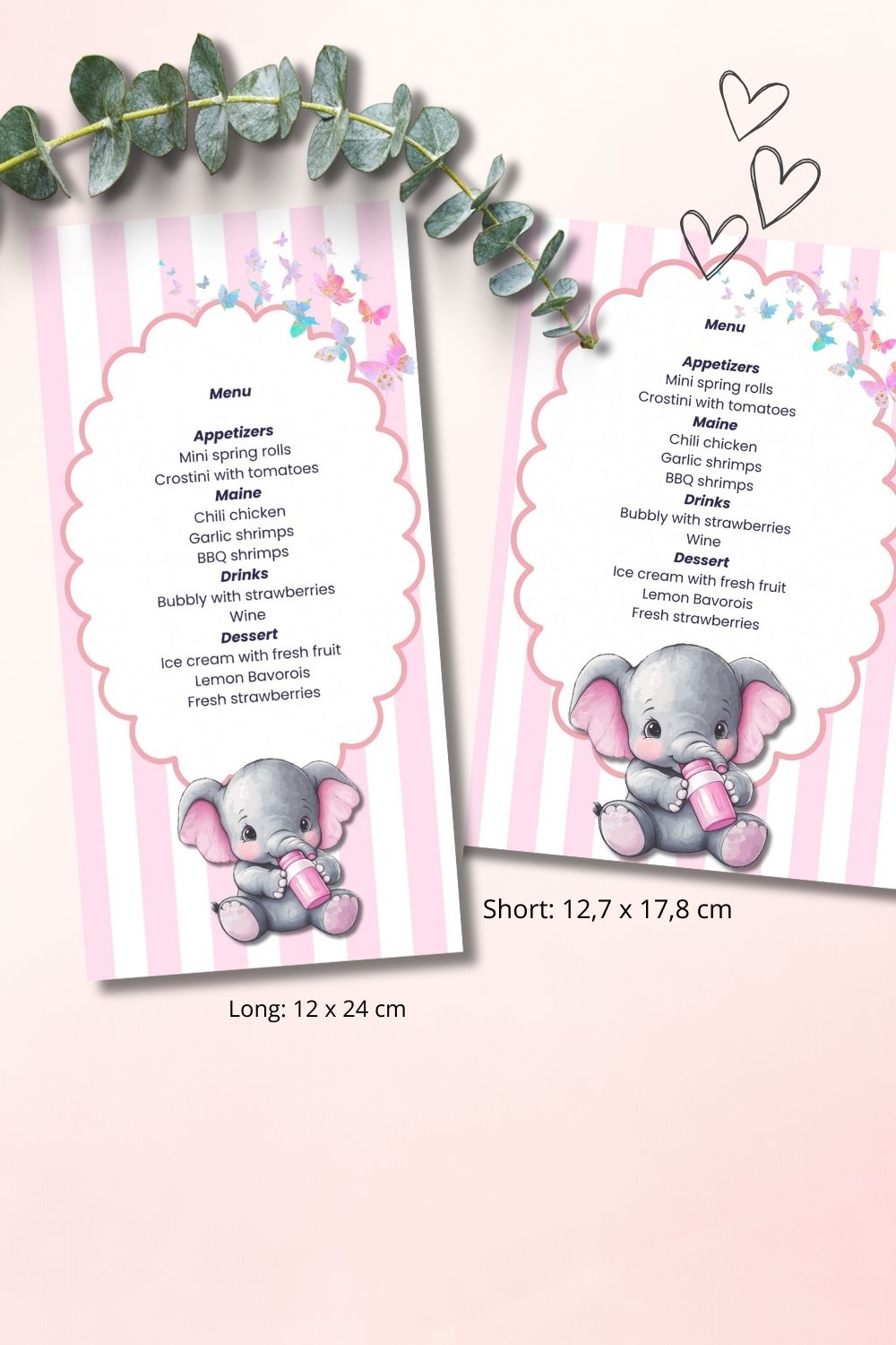 2 Sizes, super cute pink elephant invitation | soft pink stripes with white | Editable