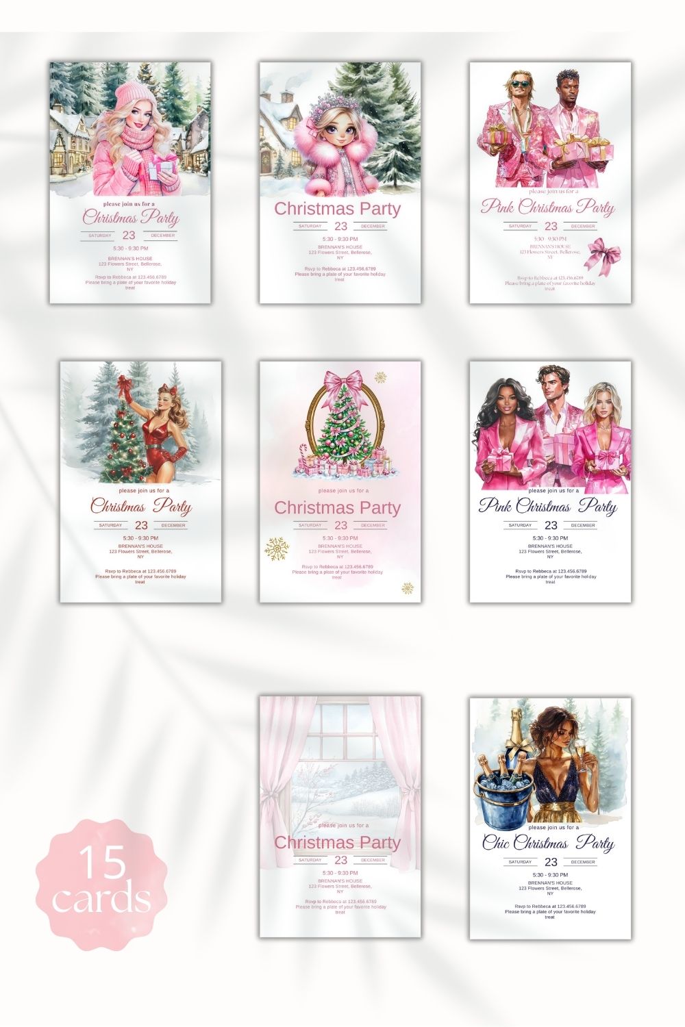 Editable December invitations | Christmas party invitations | Pink party invitations | Set of 15 