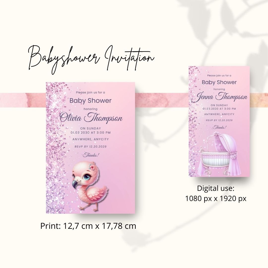 Editable Glamour Baby Shower Invitations – Pink Girl Theme | Set of 5