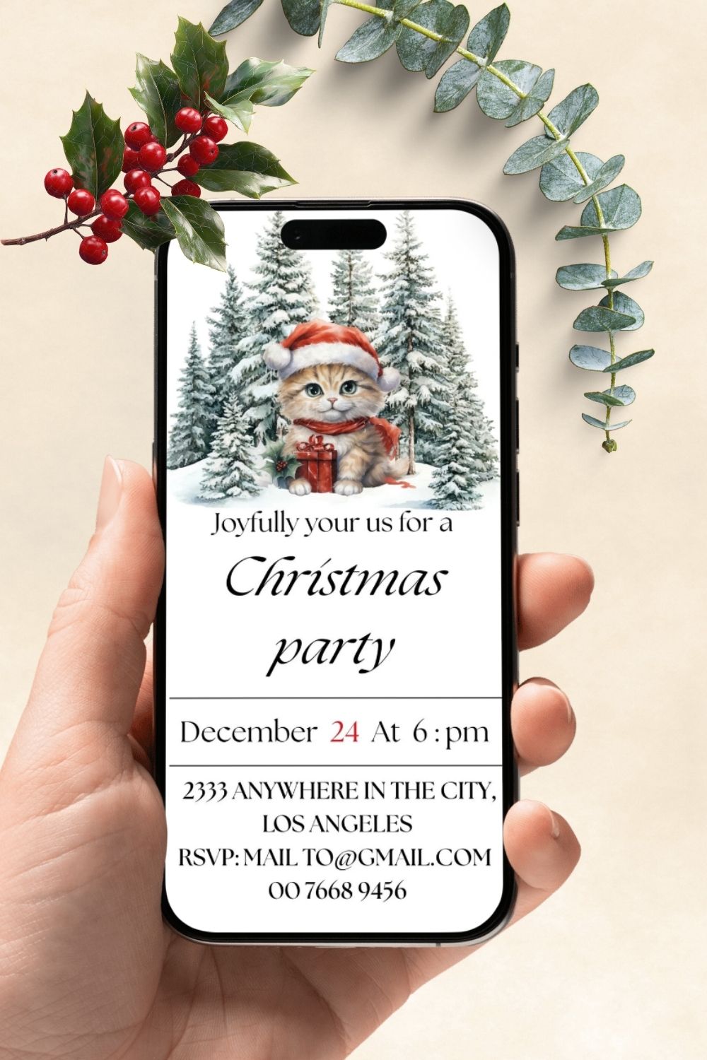 Editable christmas party invitations with a kitty and snowy pinethrees $3.36