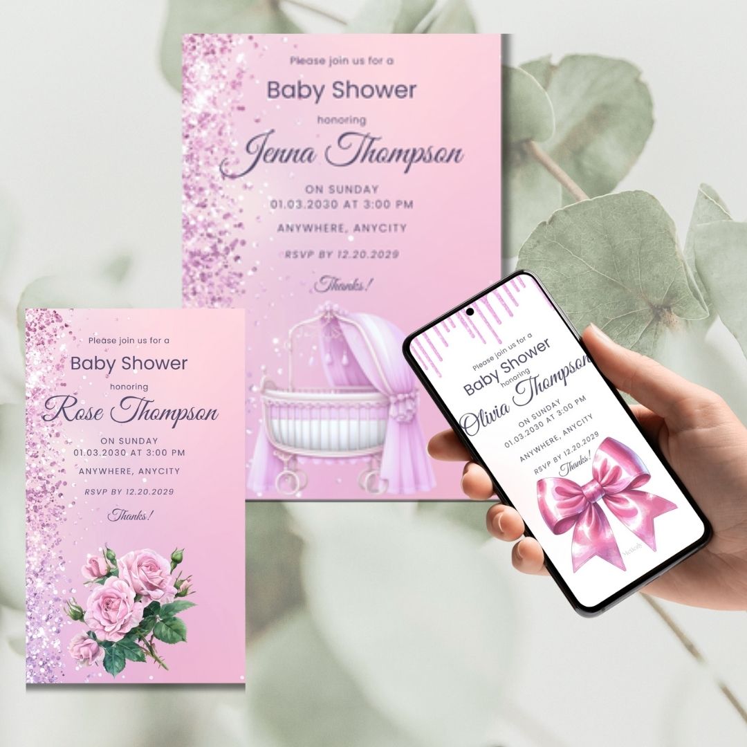 Editable Glamour Baby Shower Invitations – Pink Girl Theme | Set of 5