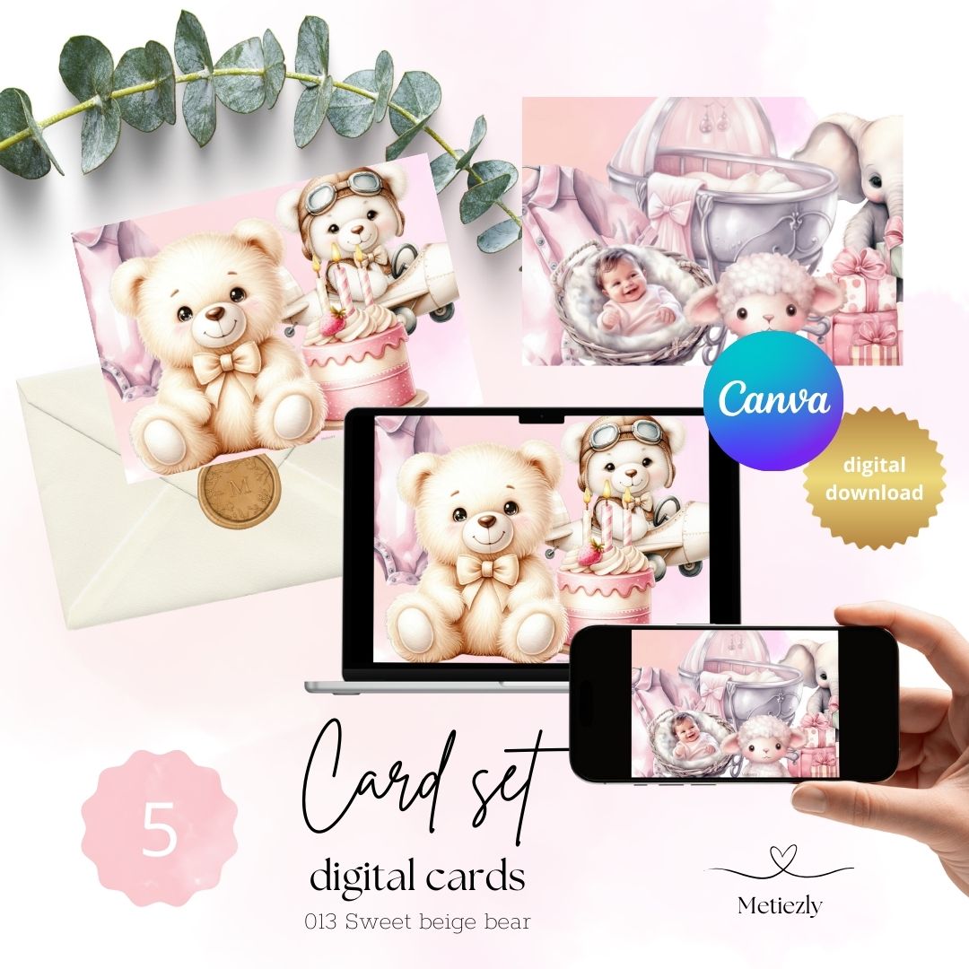 Sweet beige bear, set of 5 cards | $2,23