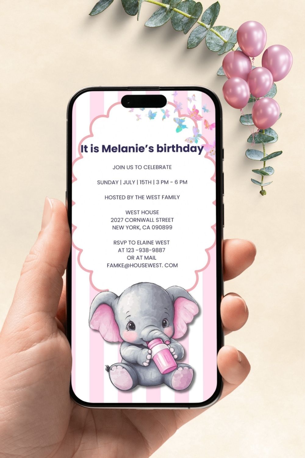 D040 Super cute pink elephant editable invitation 