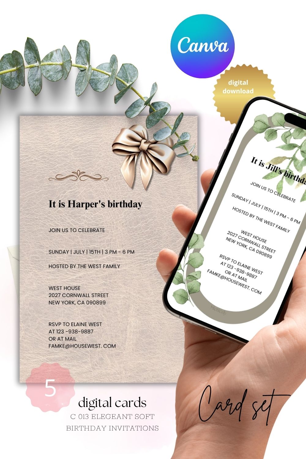 Elegant | chic soft green and beige editable invitions for birthdays | eucalyptus | leather | cute peeping puppies