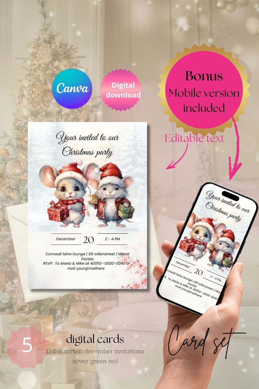 Stylish December invitations easy to edit set of 5 