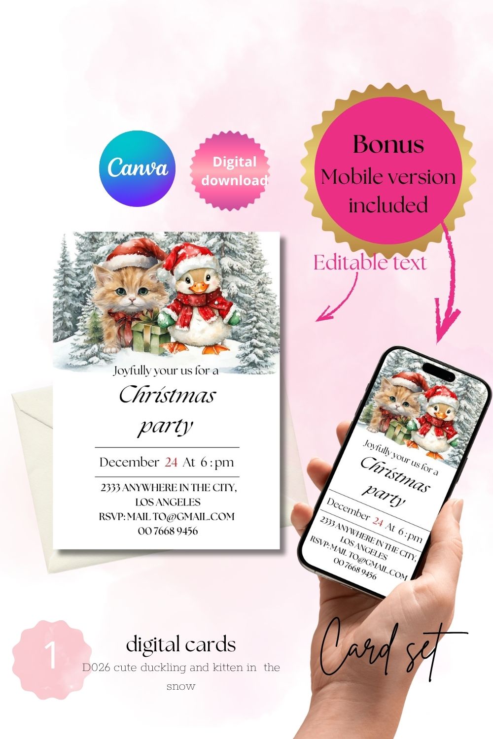 Cute duckling & kitten in the snow | editable Christmas invitation card | $3.36