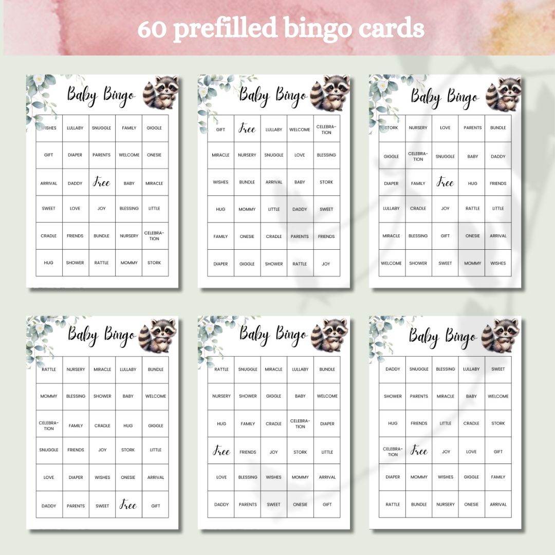 Printable Baby bingo for baby shower, raccoon, 60 prefilled bingo cards