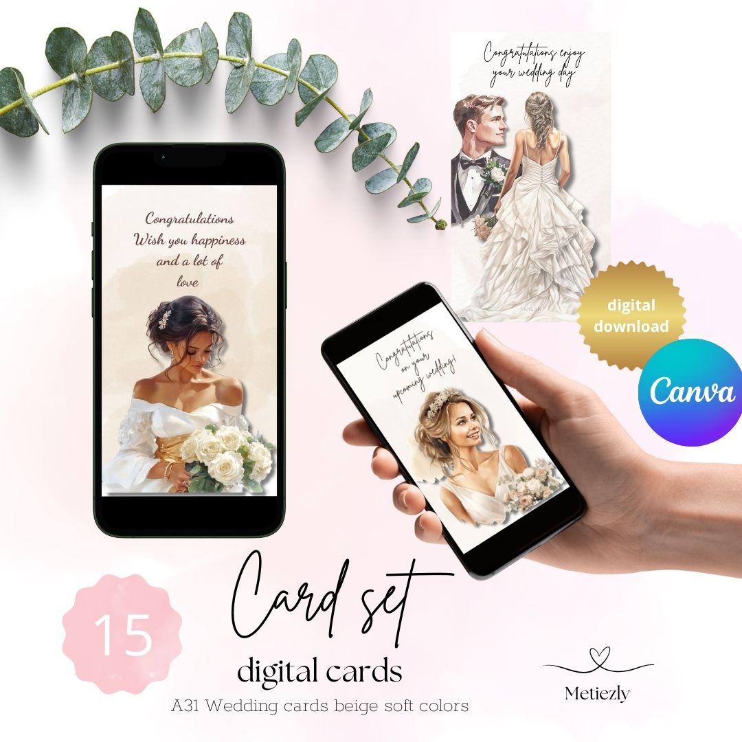 Wedding cards soft beige, set of 15 mobile cards
