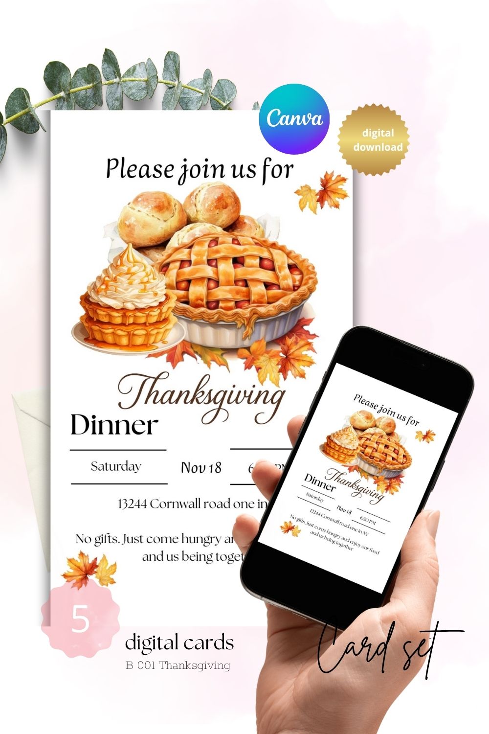 Editable Thanksgiving & fall invitations | set of 5 cards Send with phone & printable