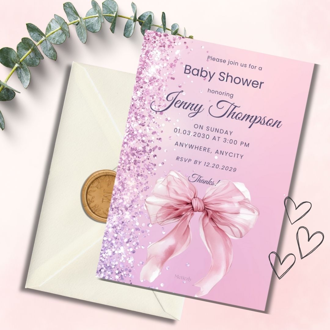 Editable Glamour Baby Shower Invitations – Pink Girl Theme | Set of 5