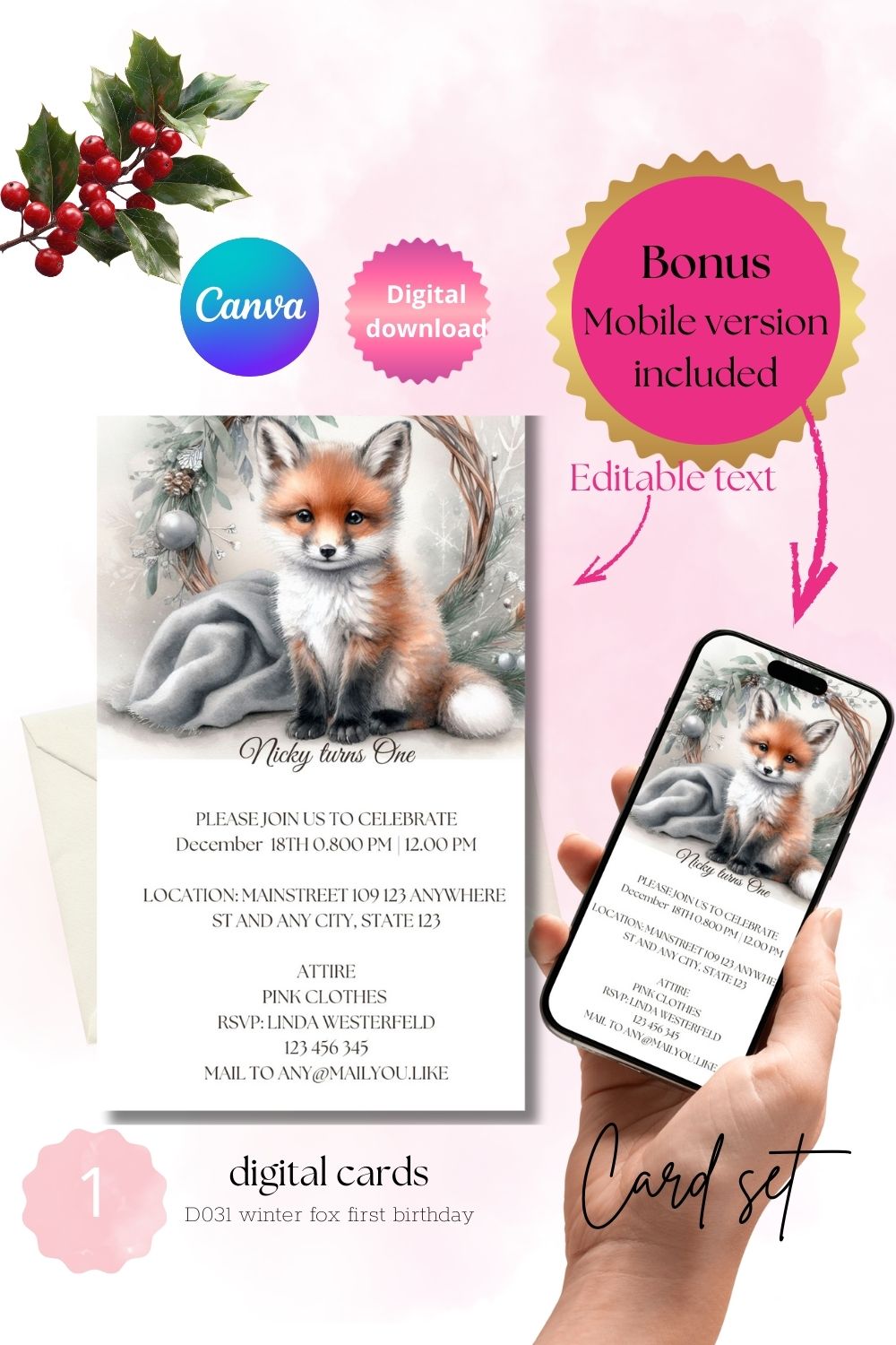 Winter fox first birthday invitation | December invitation | fox in snow