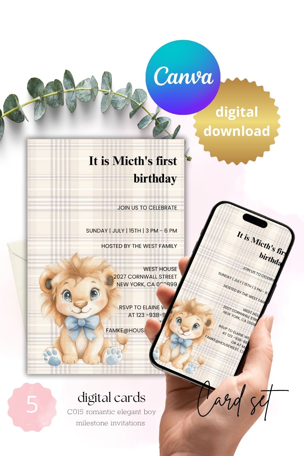 Romantic elegant first birtday invitations | Set of 5 stylish classic baby boy first milestone 