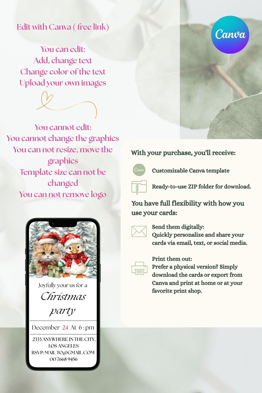 Cute duckling & kitten in the snow | editable Christmas invitation card | $3.36