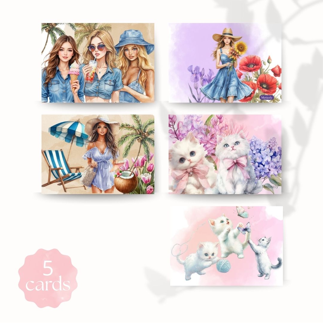 Girls in jeans, set of 5 cards | $2.23