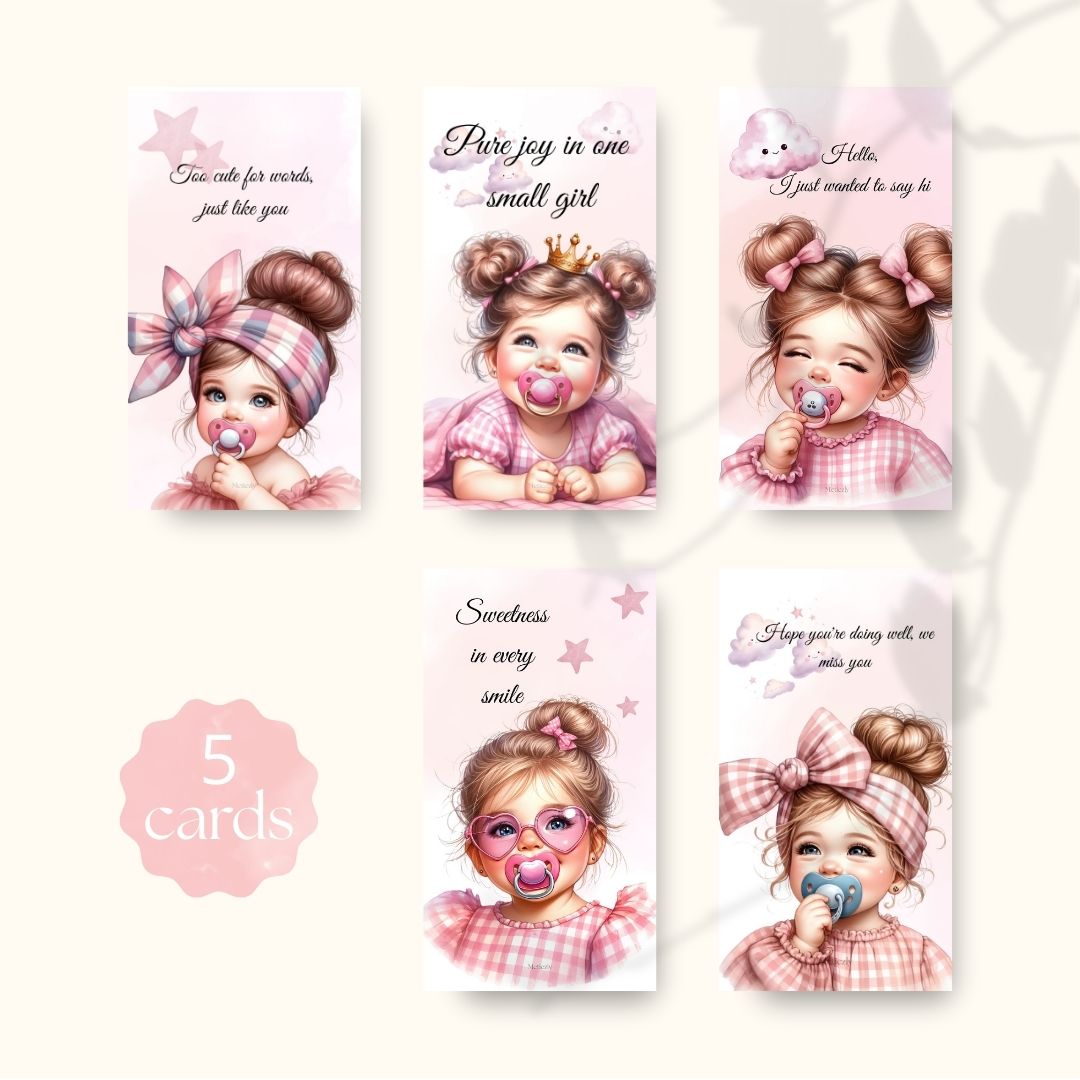 Adorable toddler girl in pink | set of 5 mobile card $2.23