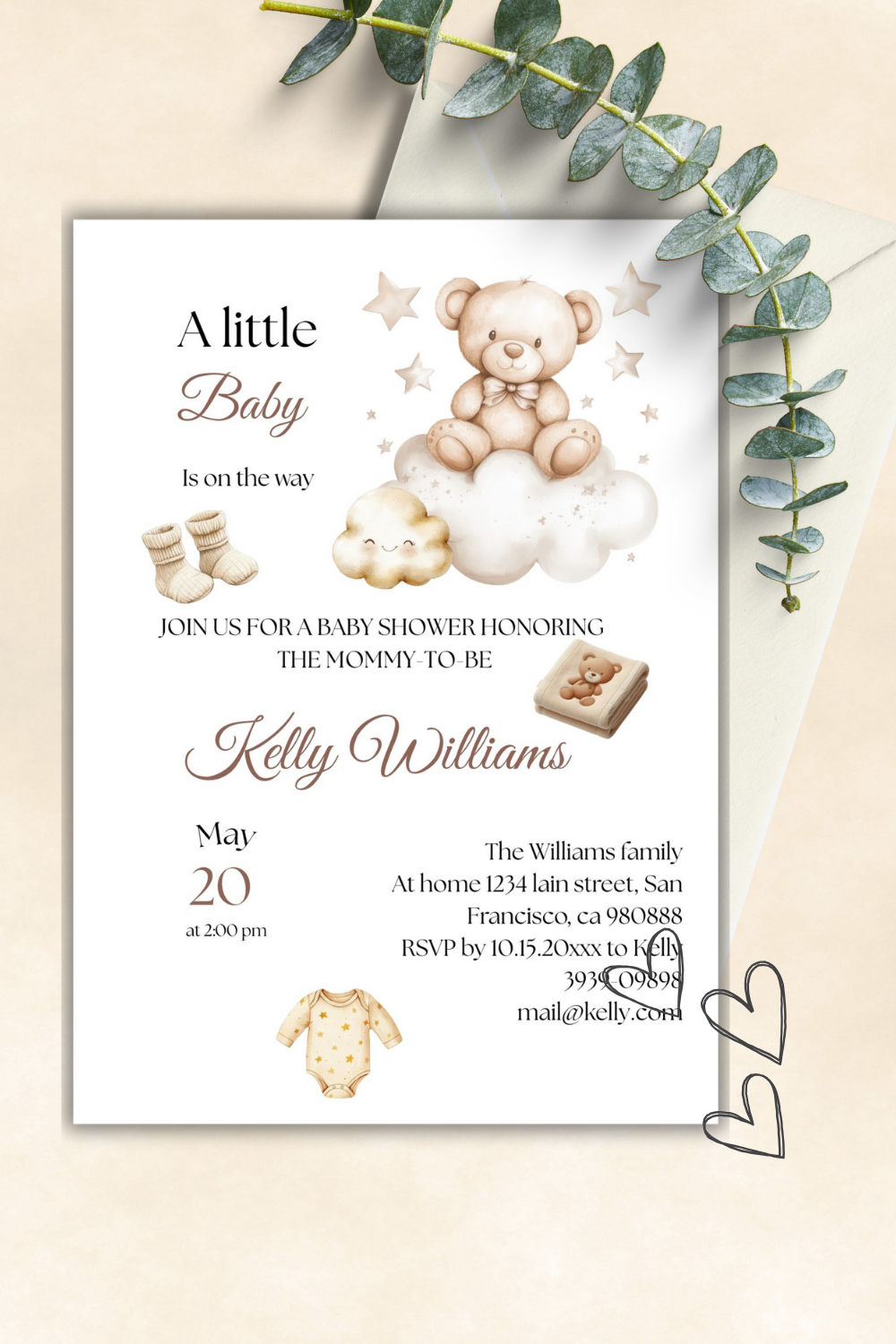 Beige Teddy Bear Baby Shower Invitation Template, Gender Neutral