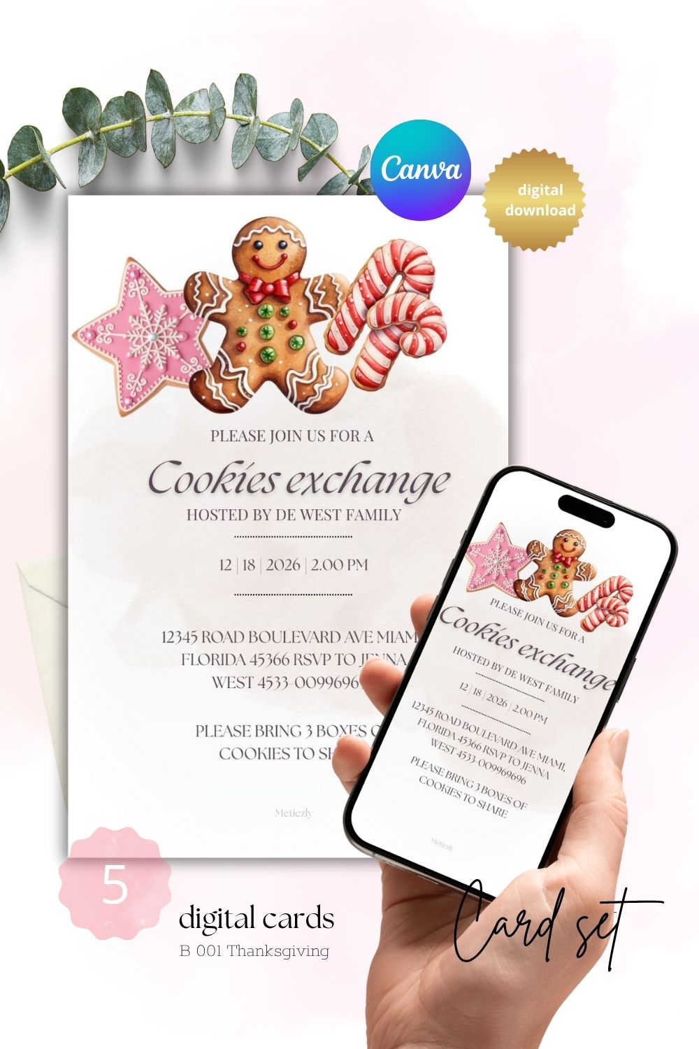 Editable pink holliday & Christmas invitations | soft glamour style | Coockies exchange invitations