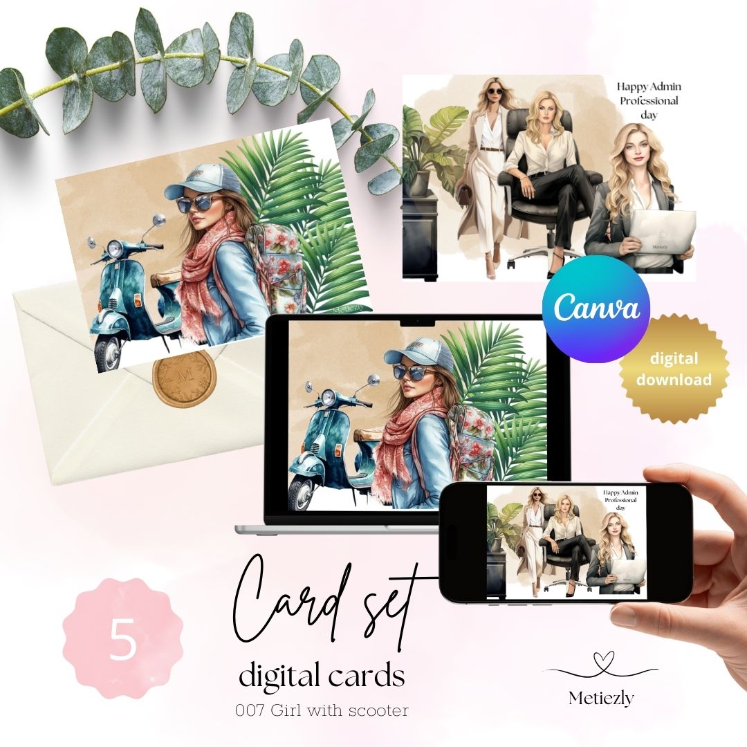Girl with scooter, set of 5 cards | $2.23