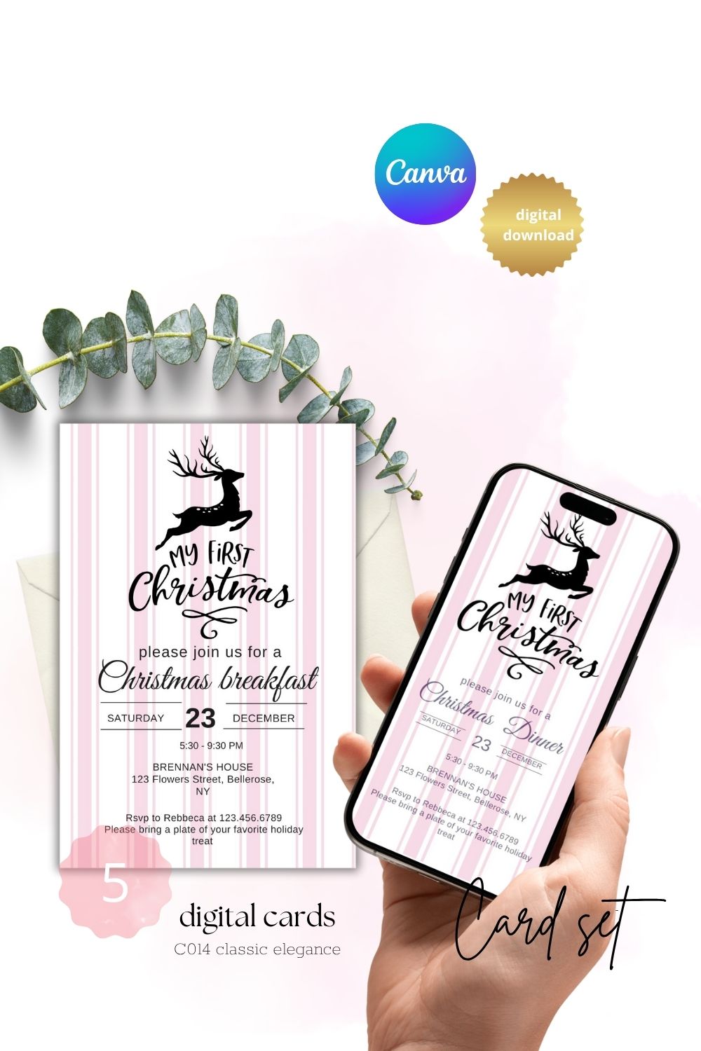 Editable Stylish Christmas party invitations | soft colors | baby giraffe | silver angel | set of 5